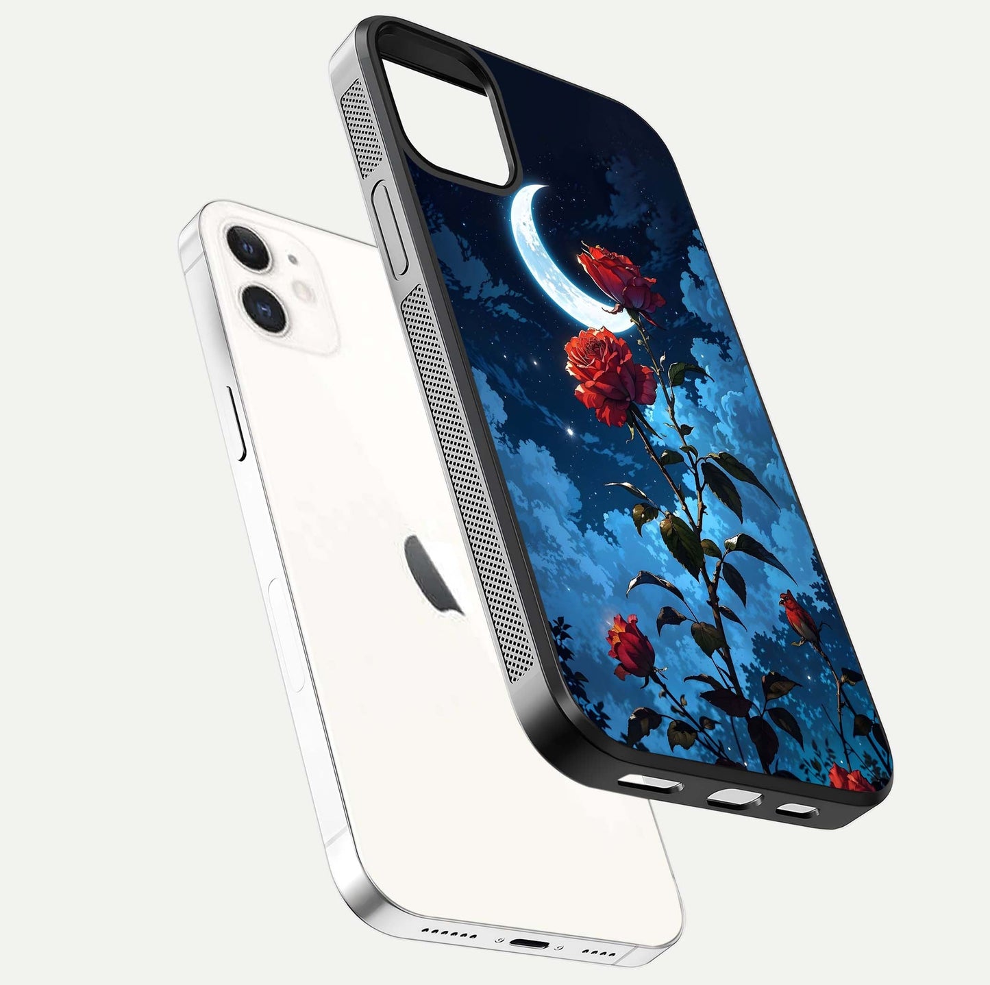 Crimson Rose Moon Glass Case for iPhone 12 Mini floating mockup showing HD shine and elegant contrast
