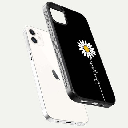 Custom Name White Flower Glass Case for iPhone 12 Mini floating mockup displaying HD gloss and delicate texture