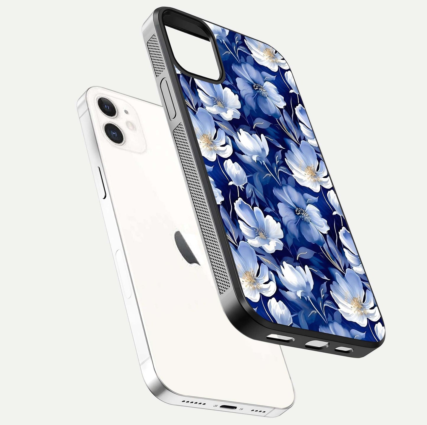 Cute Floral Patterns Glass Case for iPhone 12 Mini floating mockup showing shine depth and design clarity