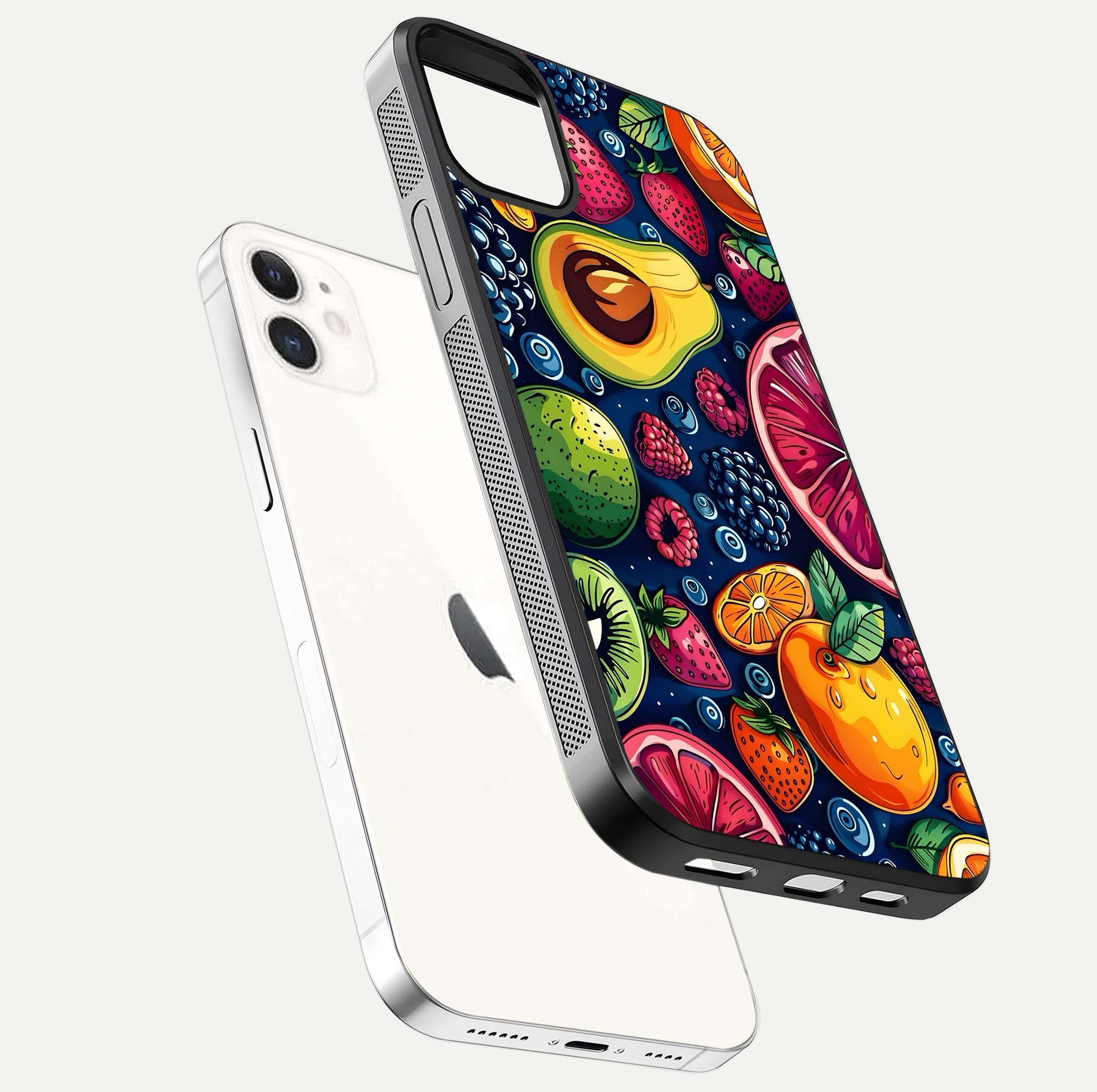 Cute Fruits Art Glass Case for iPhone 12 Mini floating mockup showing gloss brightness and vivid artwork