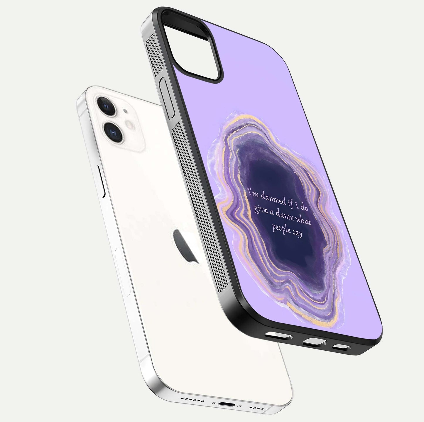 Damned People Quote Glass Case for iPhone 12 Mini floating mockup showing gloss reflection and text balance