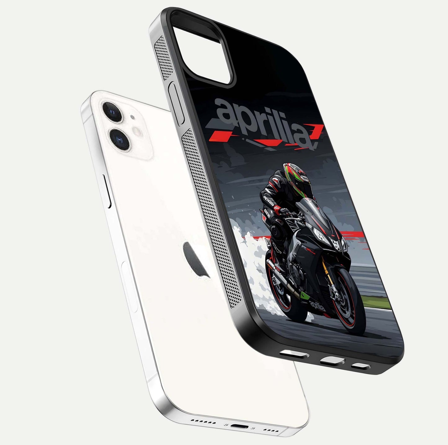 Dark Aprilla Glass Case for iPhone 12 Mini floating mockup showing glossy contrast and texture clarity