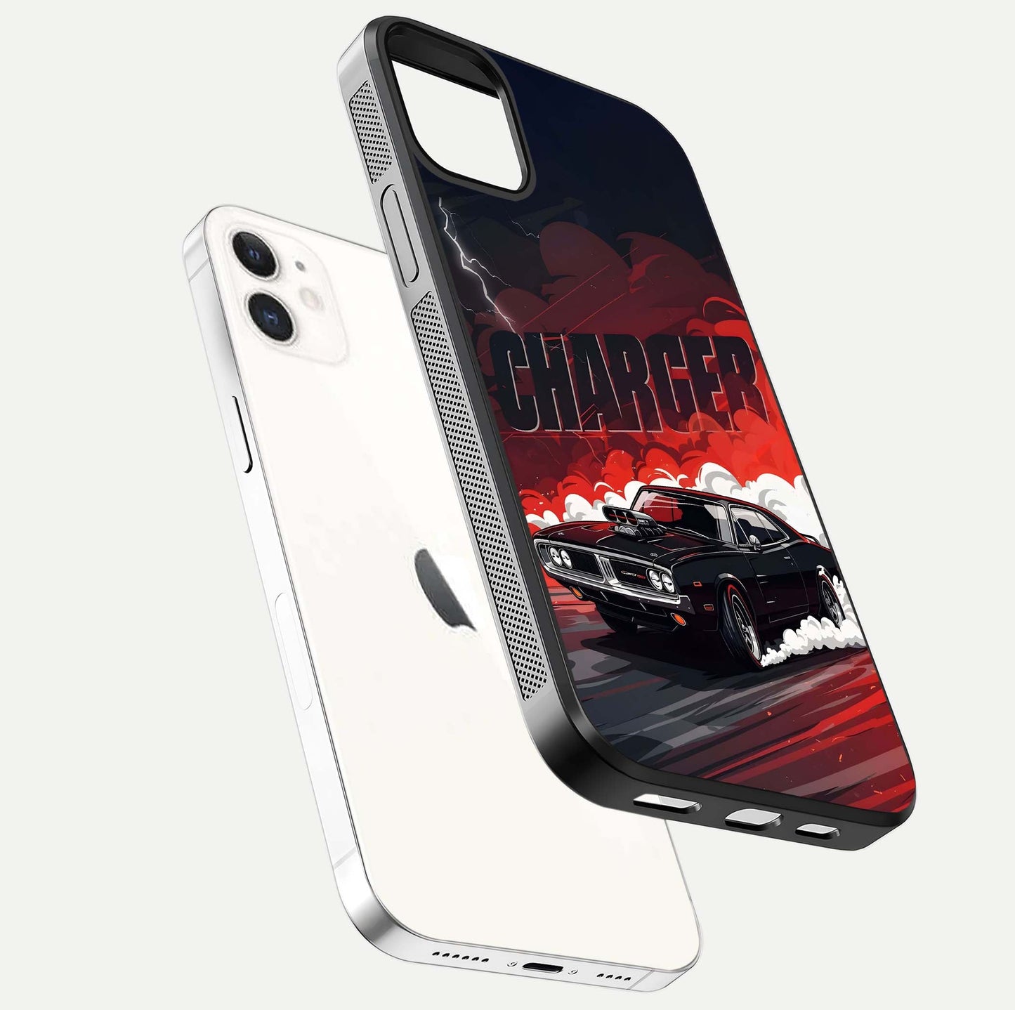 Dark Charger Fury Glass Case for iPhone 12 Mini floating mockup showing reflection depth and shiny surface
