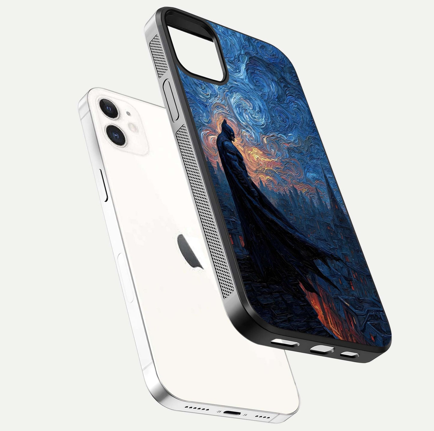 Dark Knight Dusk Glass Case for iPhone 12 Mini floating mockup showing glossy depth and cinematic lighting