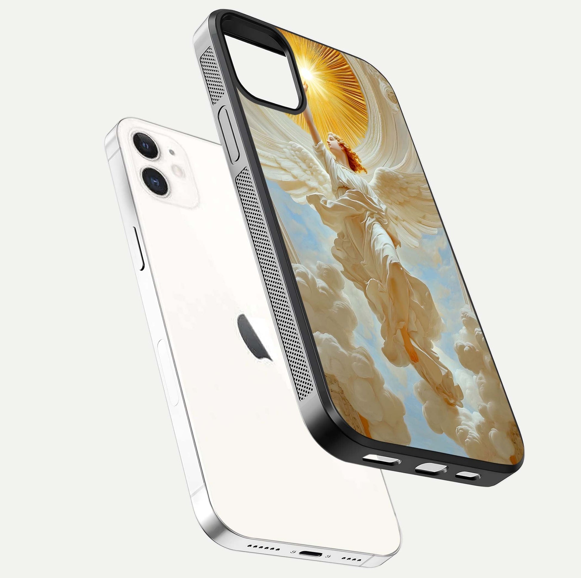 Divine Light Angel Glass Case for iPhone 12 Mini floating mockup showing gloss texture and radiant light