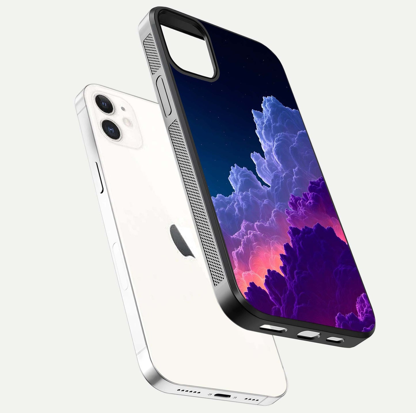 Dreamy Cloud Skies Glass Case for iPhone 12 Mini floating mockup showing glossy depth and delicate tone