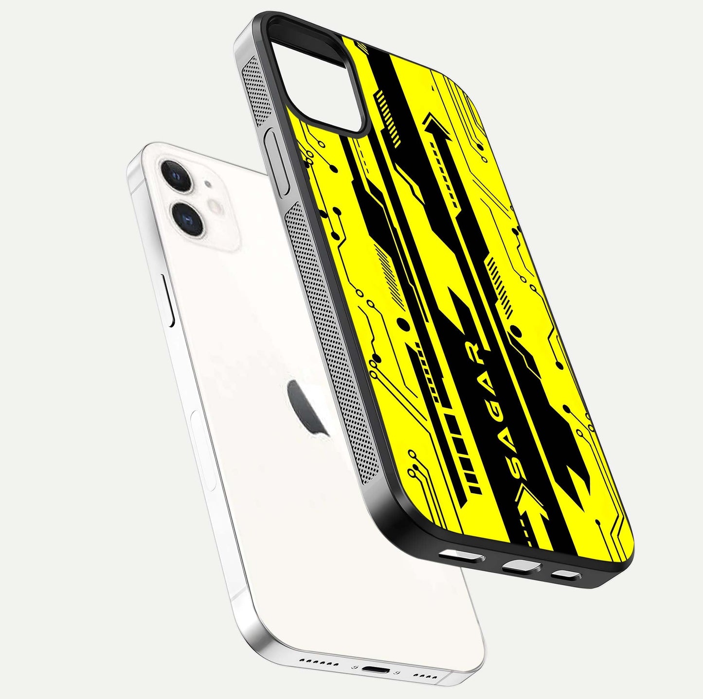 Electric Pulse CYBERPUNK Custom Name Glass Case for iPhone 12 Mini floating mockup showing HD gloss and vibrant cyberpunk glow