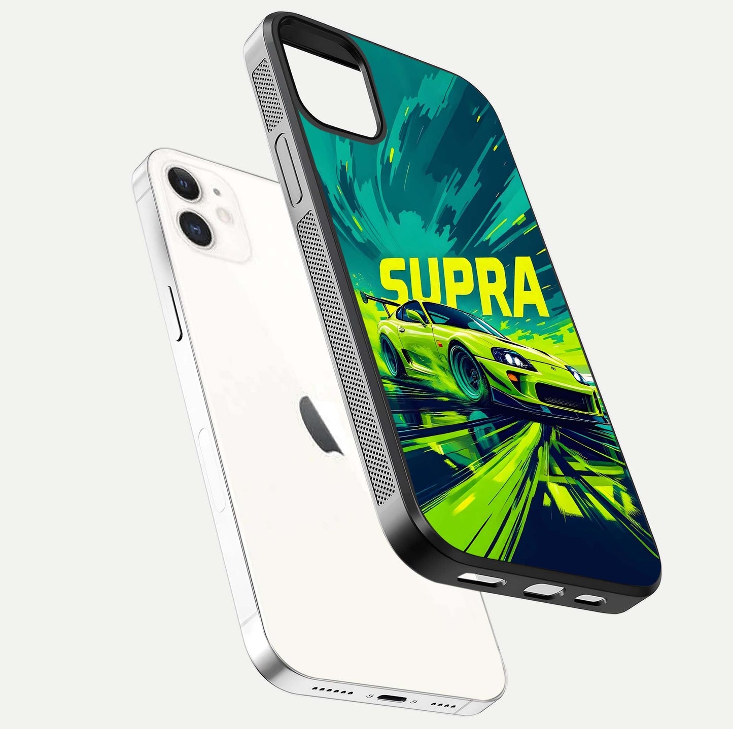 Electric Supra Thunder Glass Case for iPhone 12 Mini floating mockup showing gloss depth and energy glow