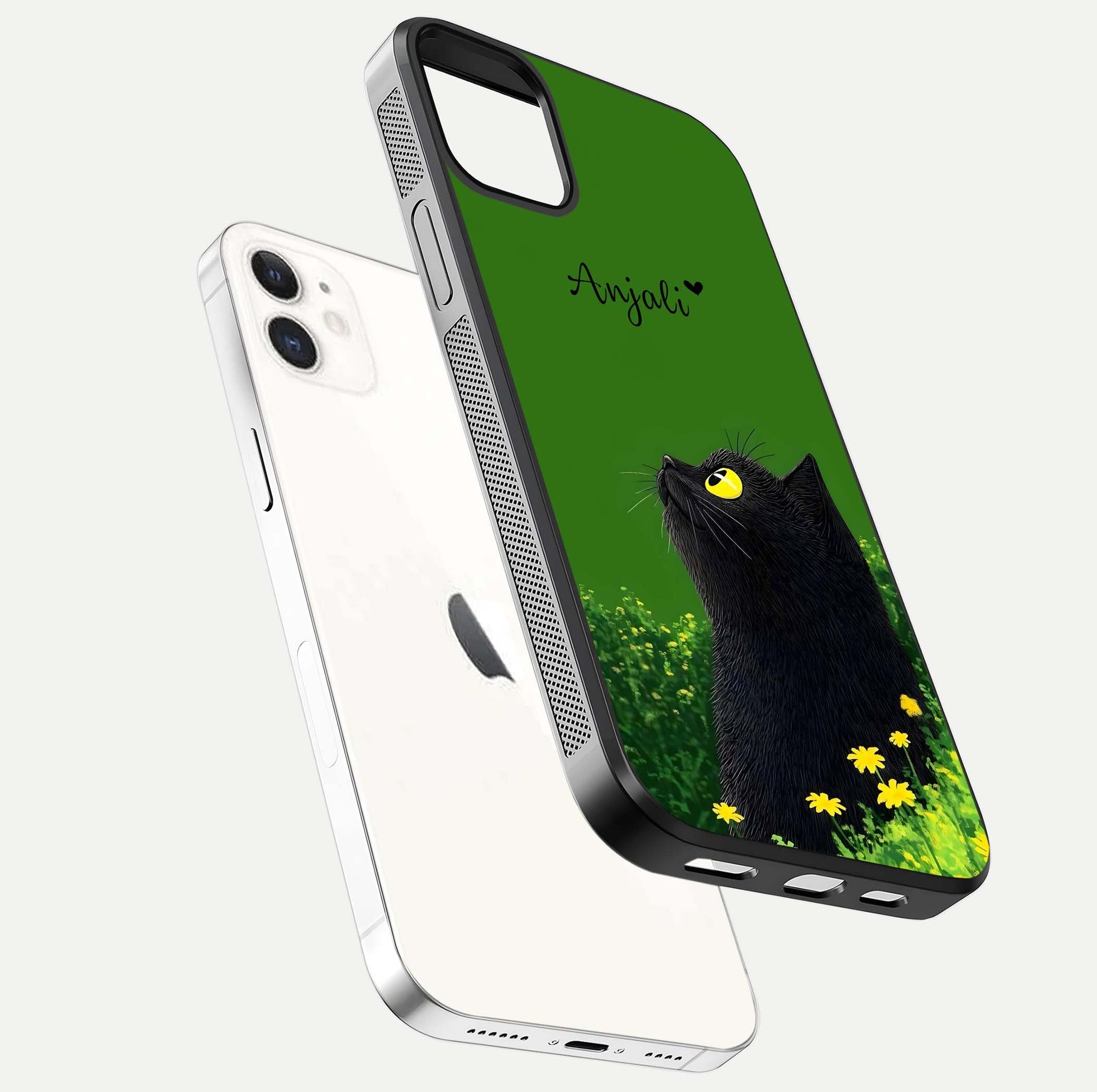 Emerald Cat Custom Name Glass Case for iPhone 12 Mini floating mockup showing HD gloss and soft gradient
