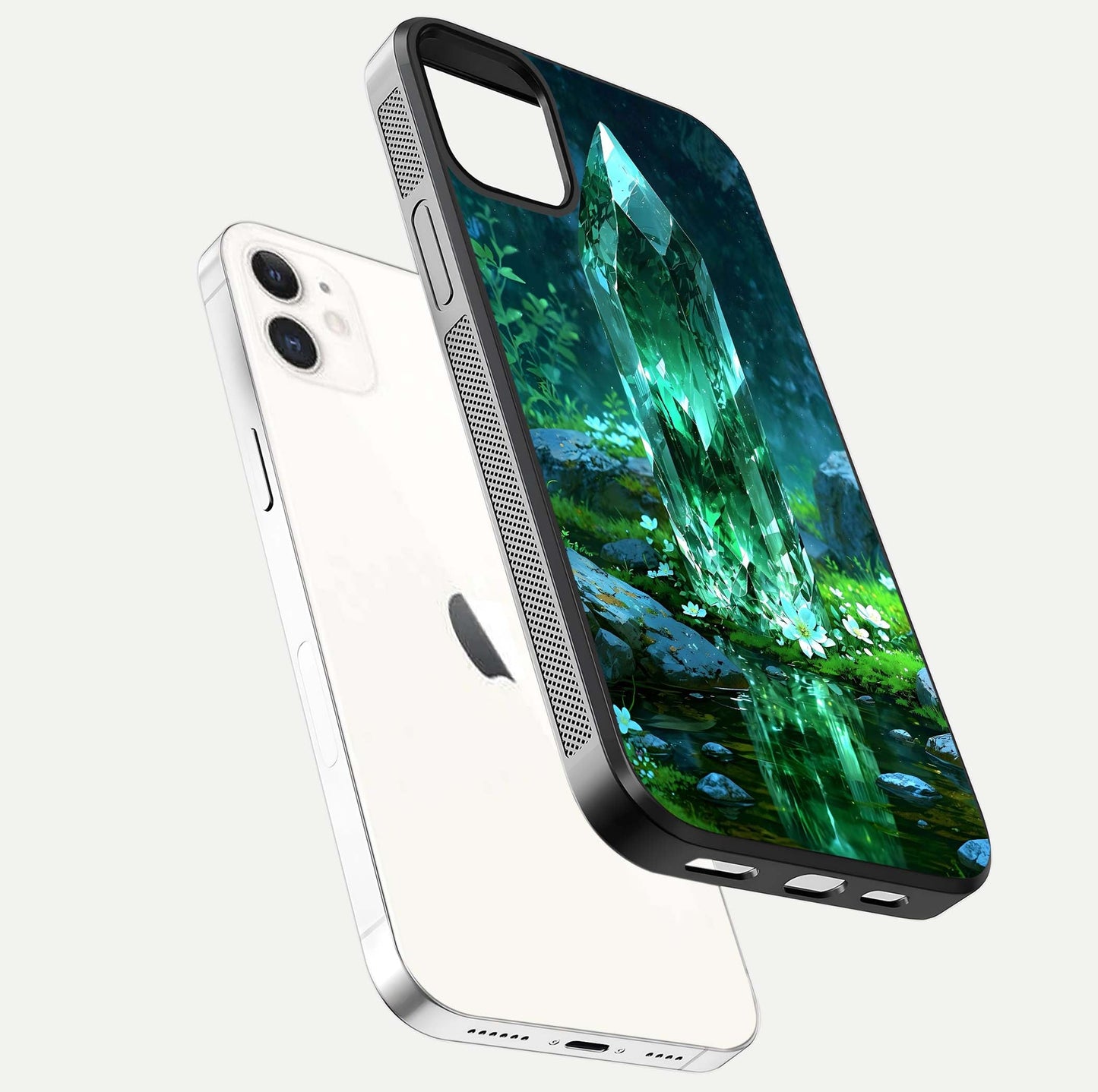 Emerald Light Crystal Glass Case for iPhone 12 Mini floating mockup showing glossy finish and radiant light pattern