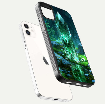 Emerald Light Crystal Glass Case for iPhone 12 Mini floating mockup showing glossy finish and radiant light pattern
