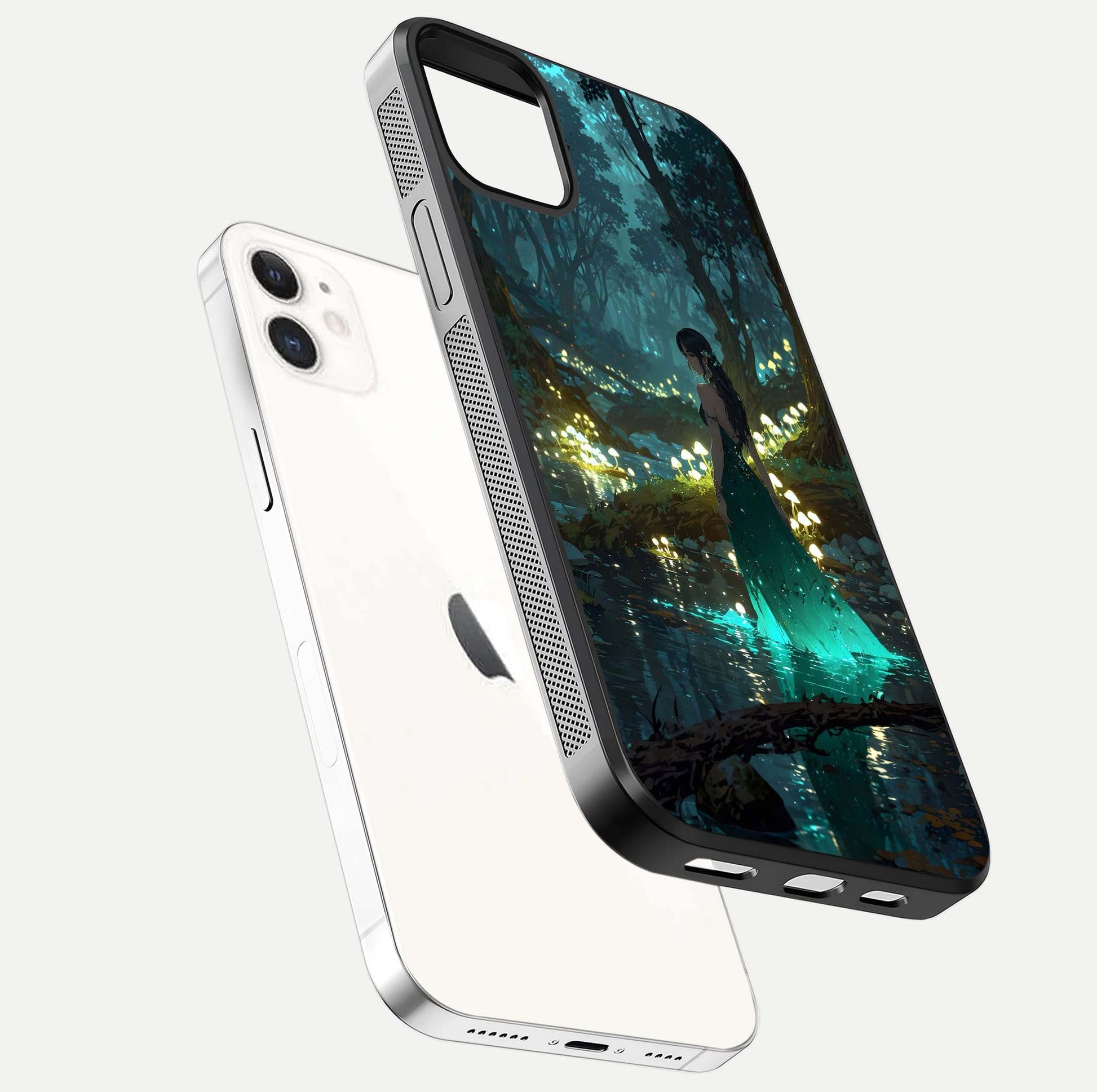 Enchanted Forest Glow Glass Case for iPhone 12 Mini floating mockup showing gloss polish and fantasy vibe