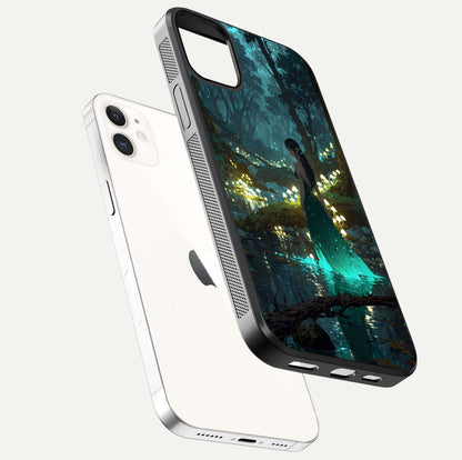 Enchanted Forest Glow Glass Case for iPhone 12 Mini floating mockup showing gloss polish and fantasy vibe