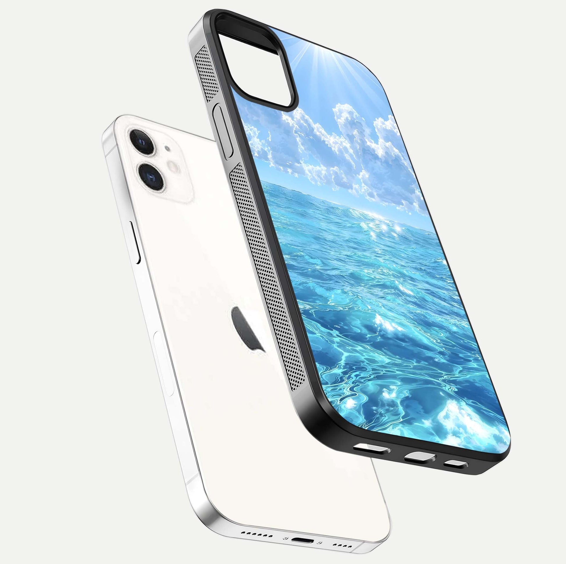 Endless Ocean Horizon Glass Case for iPhone 12 Mini floating mockup showing HD gloss and tranquil color