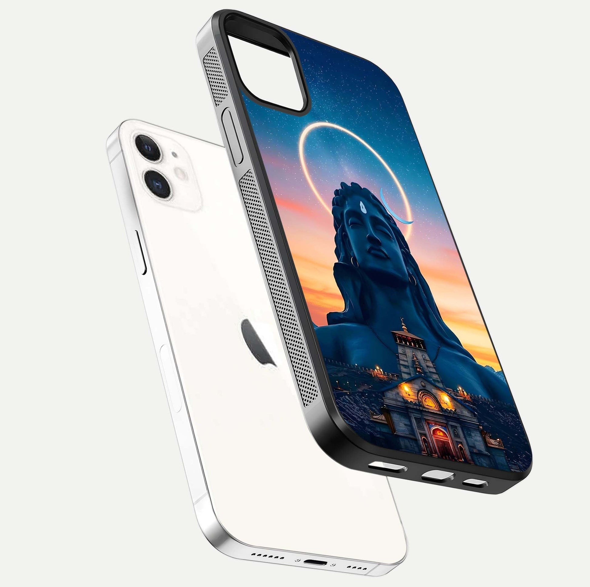 Eternal Shiva Aura Glass Case for iPhone 12 Mini floating mockup showing gloss texture and spiritual glow