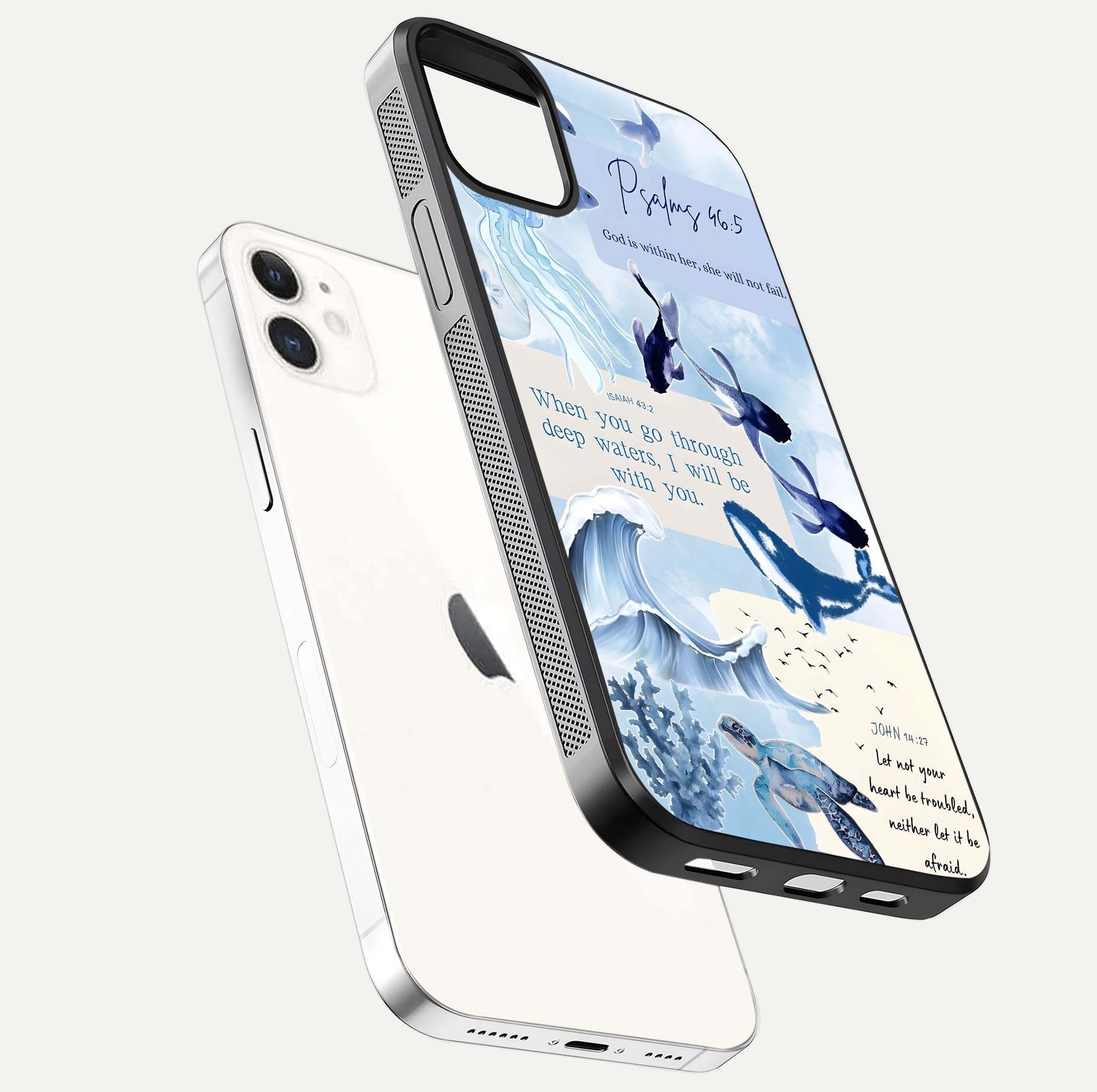 Faithful Ocean Promise Glass Case for iPhone 12 Mini floating mockup displaying glossy surface and vivid depth