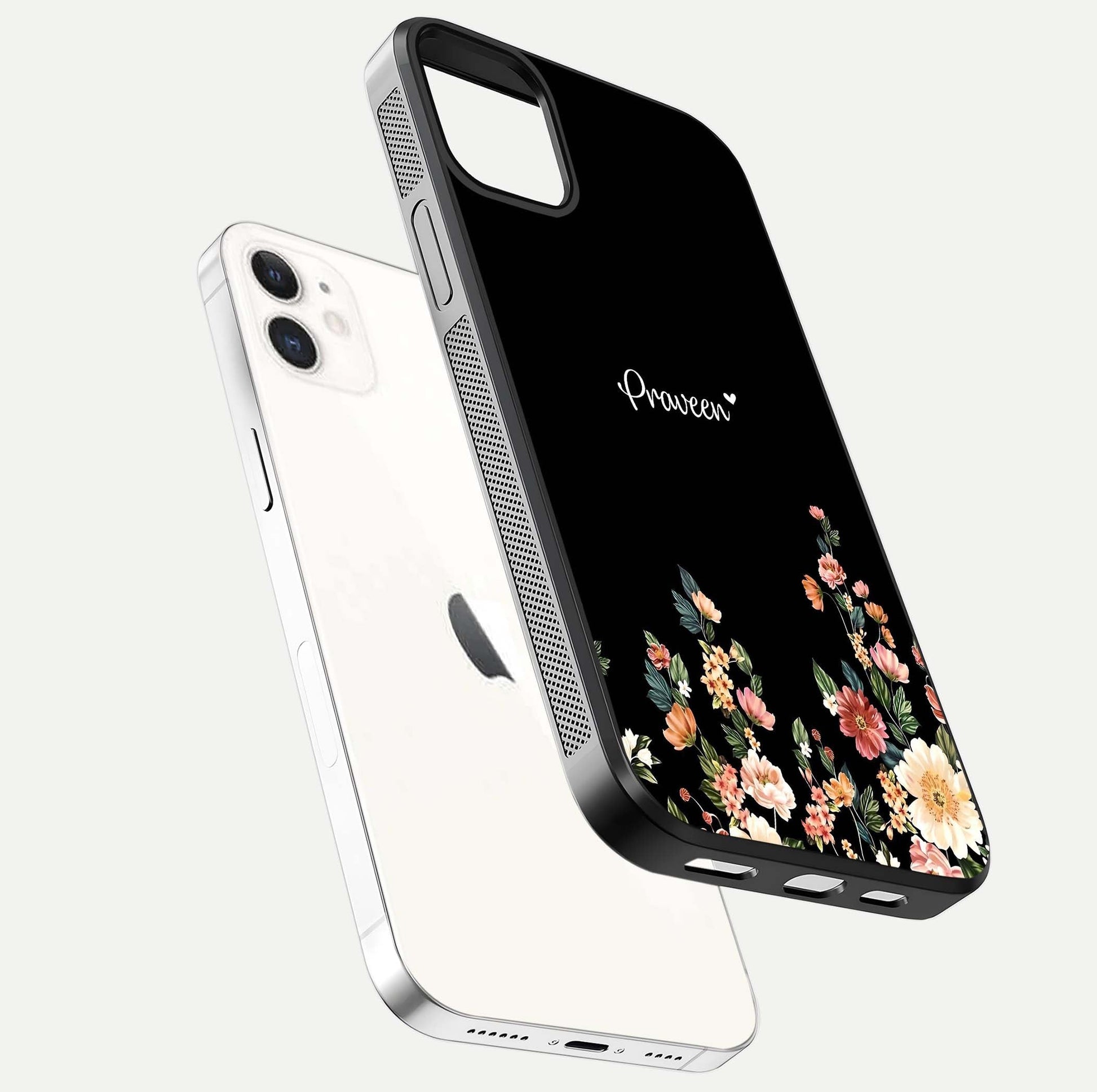 Floral Design Personalized Custom Name Glass Case for iPhone 12 Mini floating mockup showing reflection polish and vivid colors