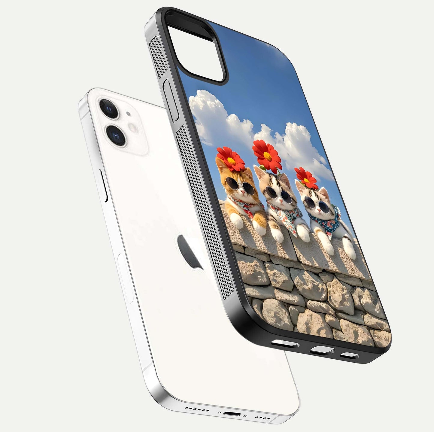 Floral Kitty Squad Glass Case for iPhone 12 Mini floating mockup showing gloss texture and playful charm