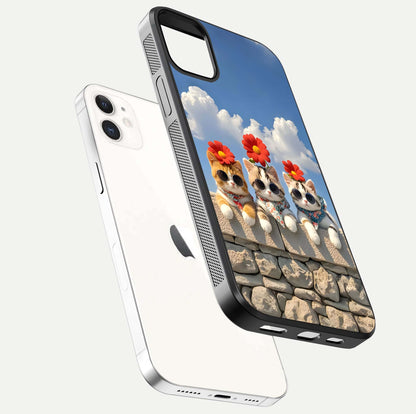 Floral Kitty Squad Glass Case for iPhone 12 Mini floating mockup showing gloss texture and playful charm