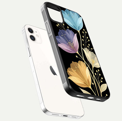 Flower Bloom Glow Glass Case for iPhone 12 Mini floating mockup showing HD shine and artistic detail