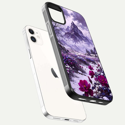 Flower Mountain View Glass Case for iPhone 12 Mini floating mockup showing reflection glow and artistic clarity