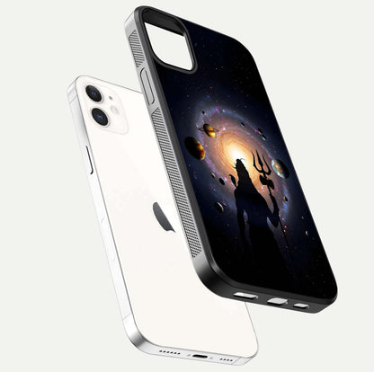 Galactic Shiva Vision Glass Case for iPhone 12 Mini floating dual-view mockup displaying vibrant cosmic colors and smooth gloss texture