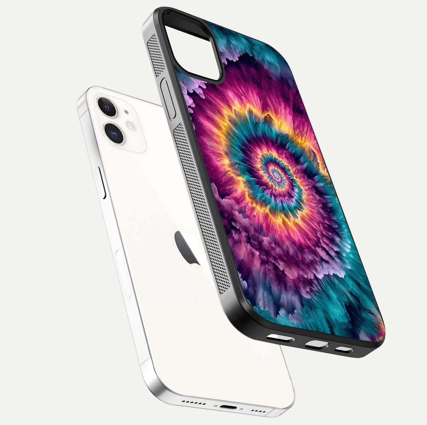 Galactic Spiral Burst Glass Case for iPhone 12 Mini floating dual-view mockup displaying light trails and smooth gloss shine