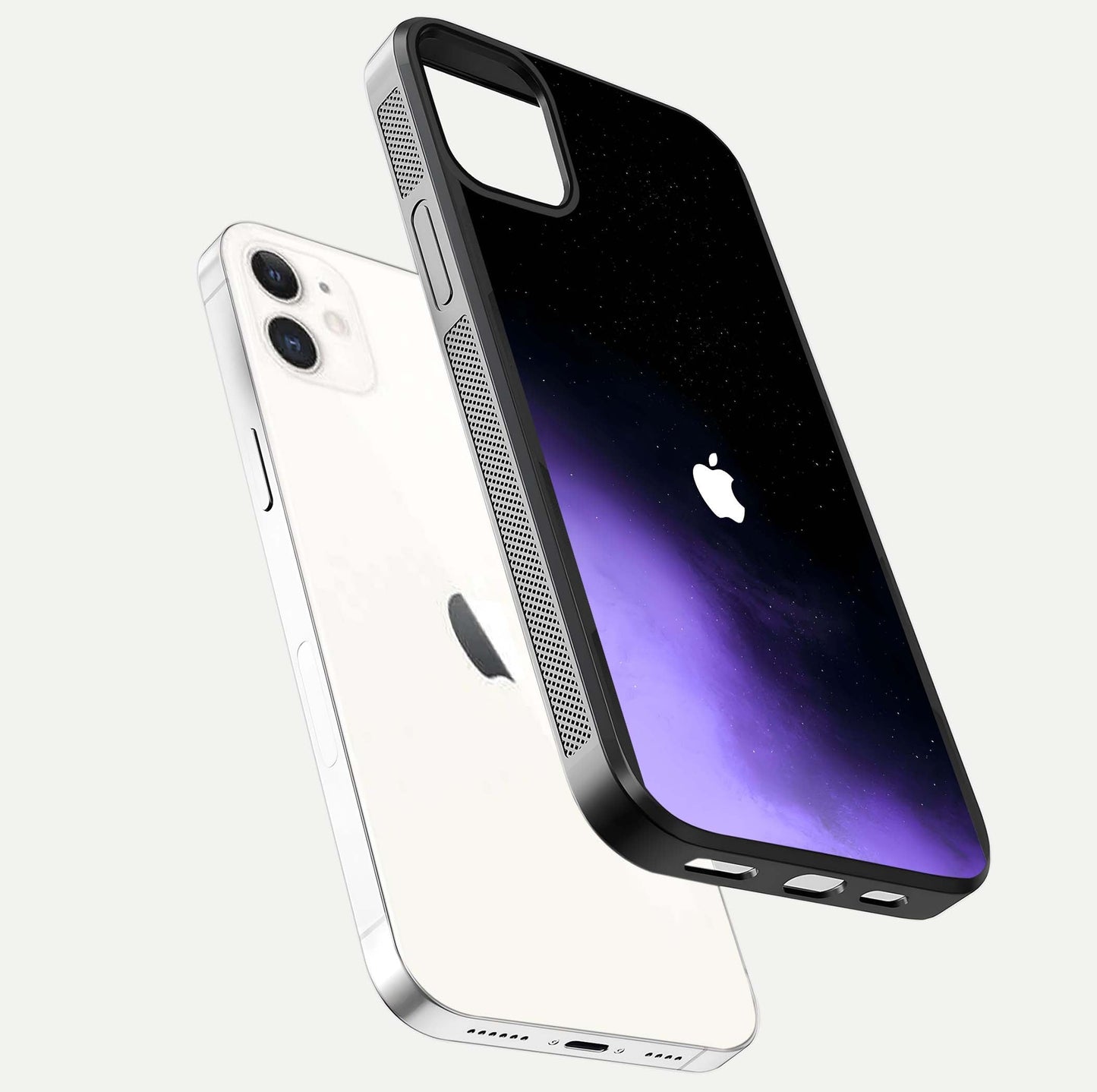 Galaxy Apple Aura Glass Case for iPhone 12 Mini floating dual-view mockup highlighting HD gloss and deep space color blend