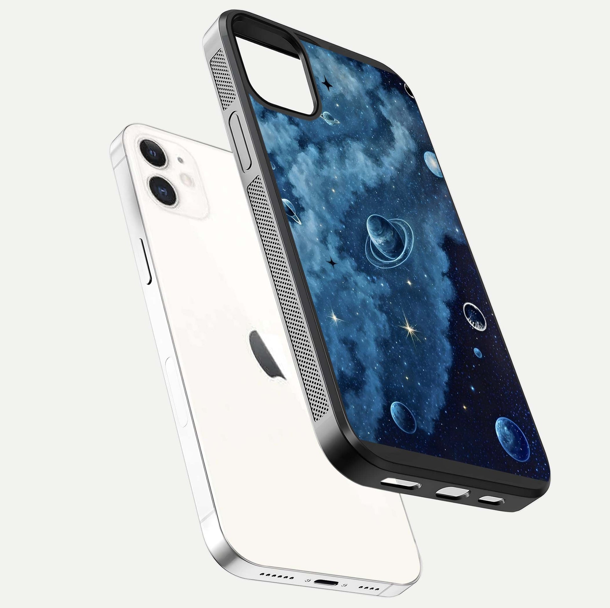 Galaxy Dream Space Glass Case for iPhone 12 Mini floating dual-view mockup showing glossy finish and celestial depth