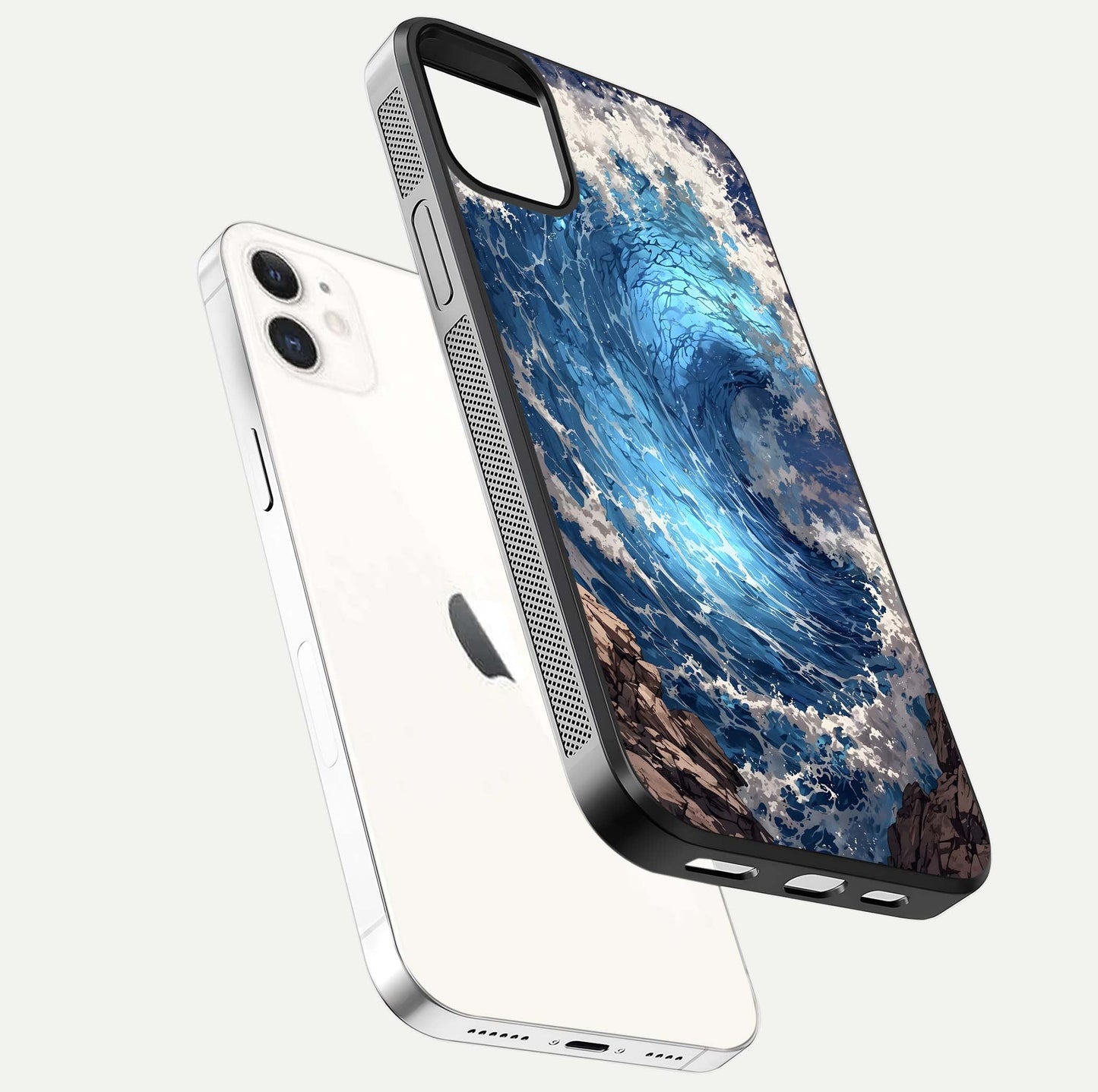Giant Ocean Wave Glass Case for iPhone 12 Mini floating dual-view mockup showing glossy depth and aquatic blue gradient