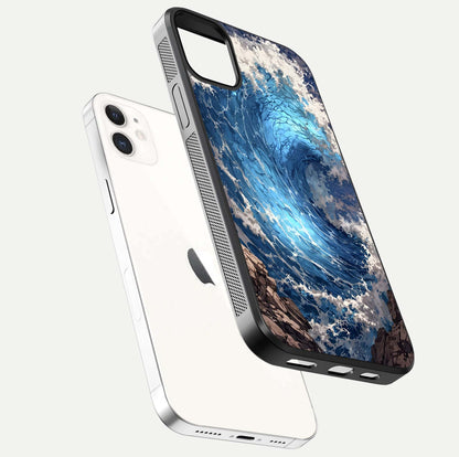 Giant Ocean Wave Glass Case for iPhone 12 Mini floating dual-view mockup showing glossy depth and aquatic blue gradient