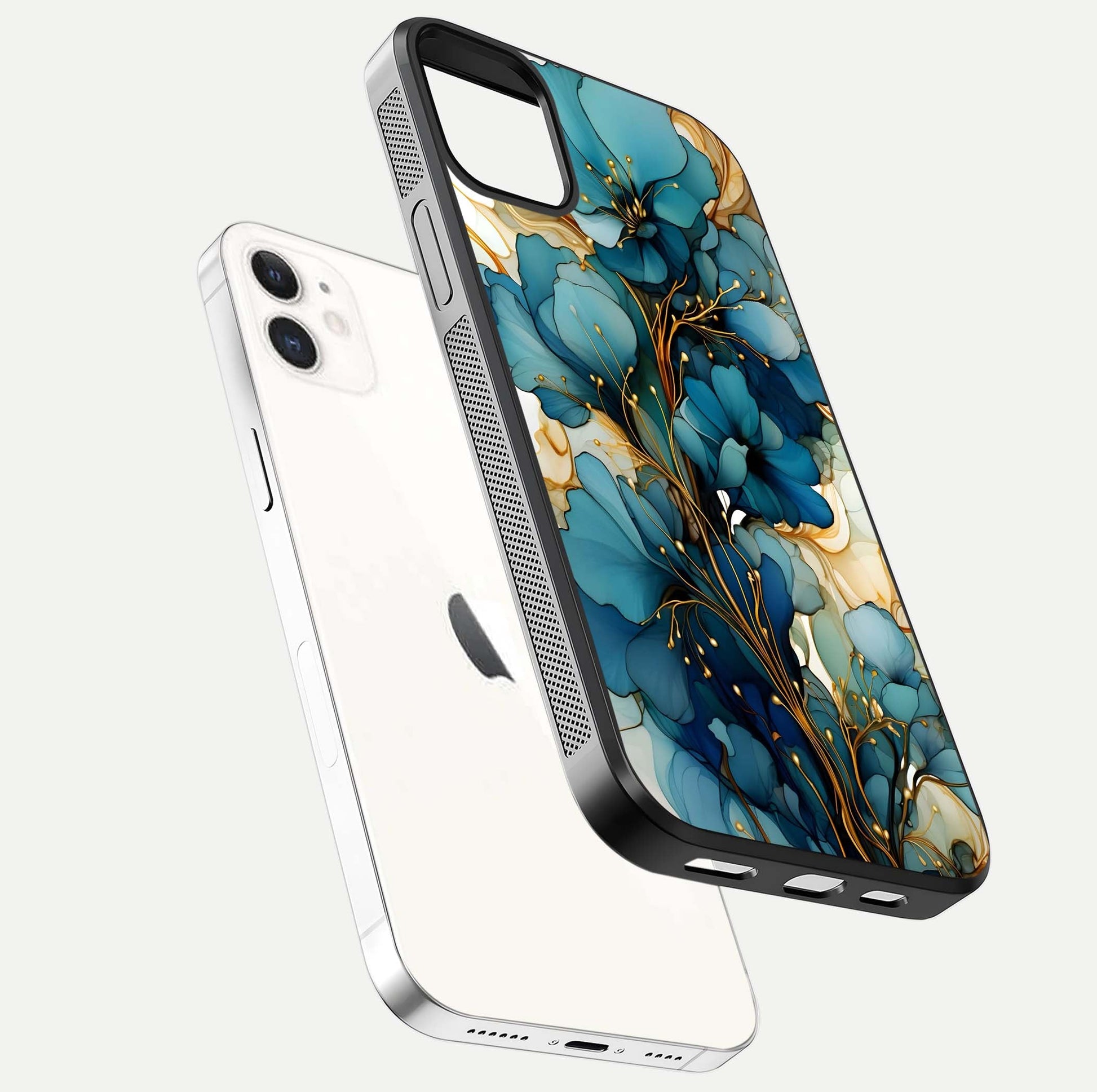 Golden Bloom Symphony Glass Case for iPhone 12 Mini floating dual-view mockup displaying shine texture and luxury pattern