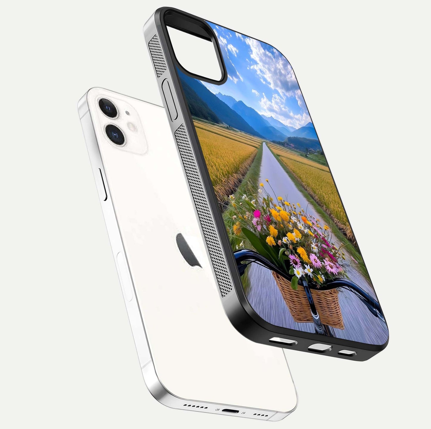 Golden Field Journey Glass Case for iPhone 12 Mini floating dual-view mockup showing gloss surface and field depth