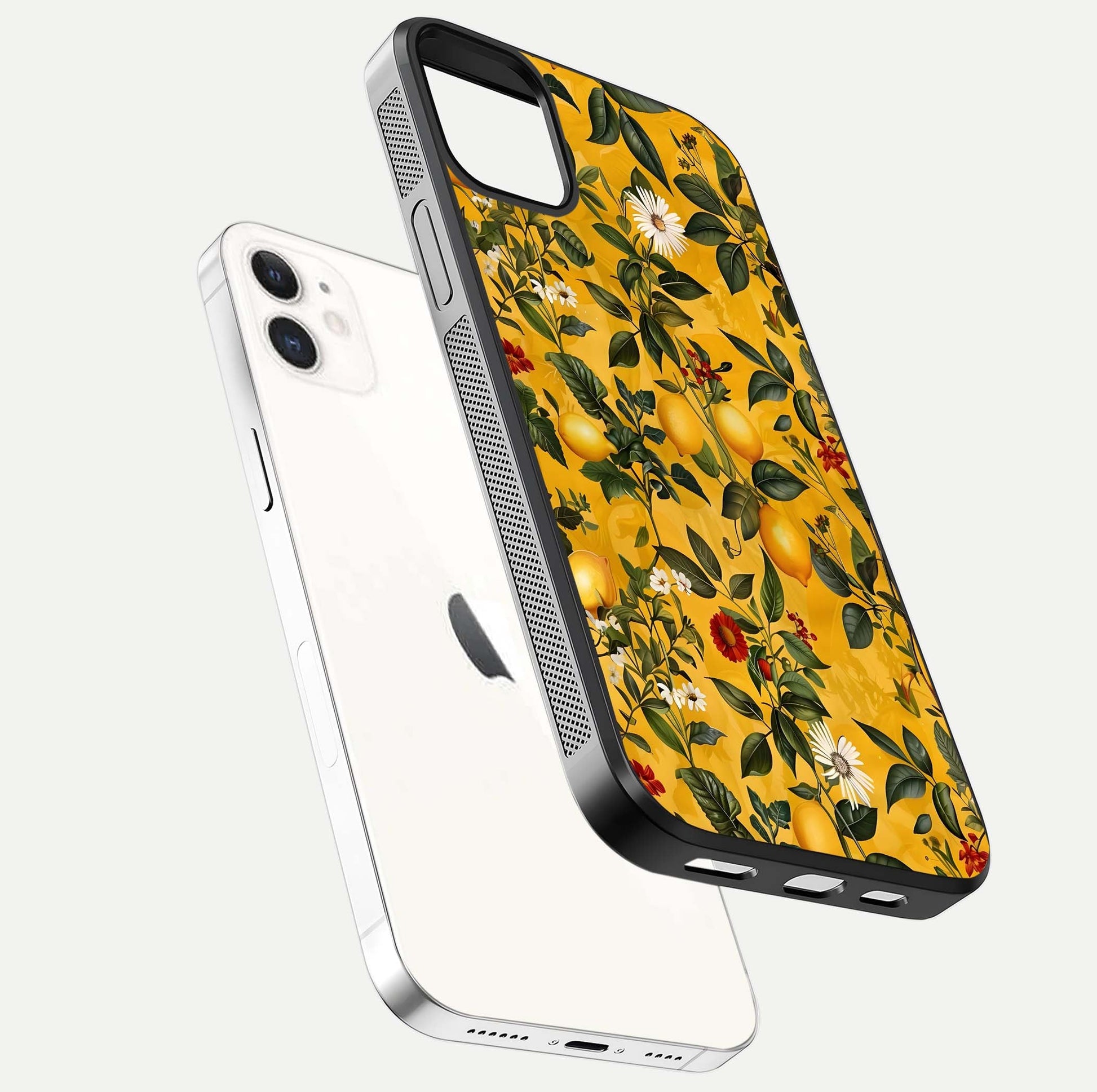 Golden Lemon Field Glass Case for iPhone 12 Mini floating dual-view mockup showing gloss shine and yellow-gold palette