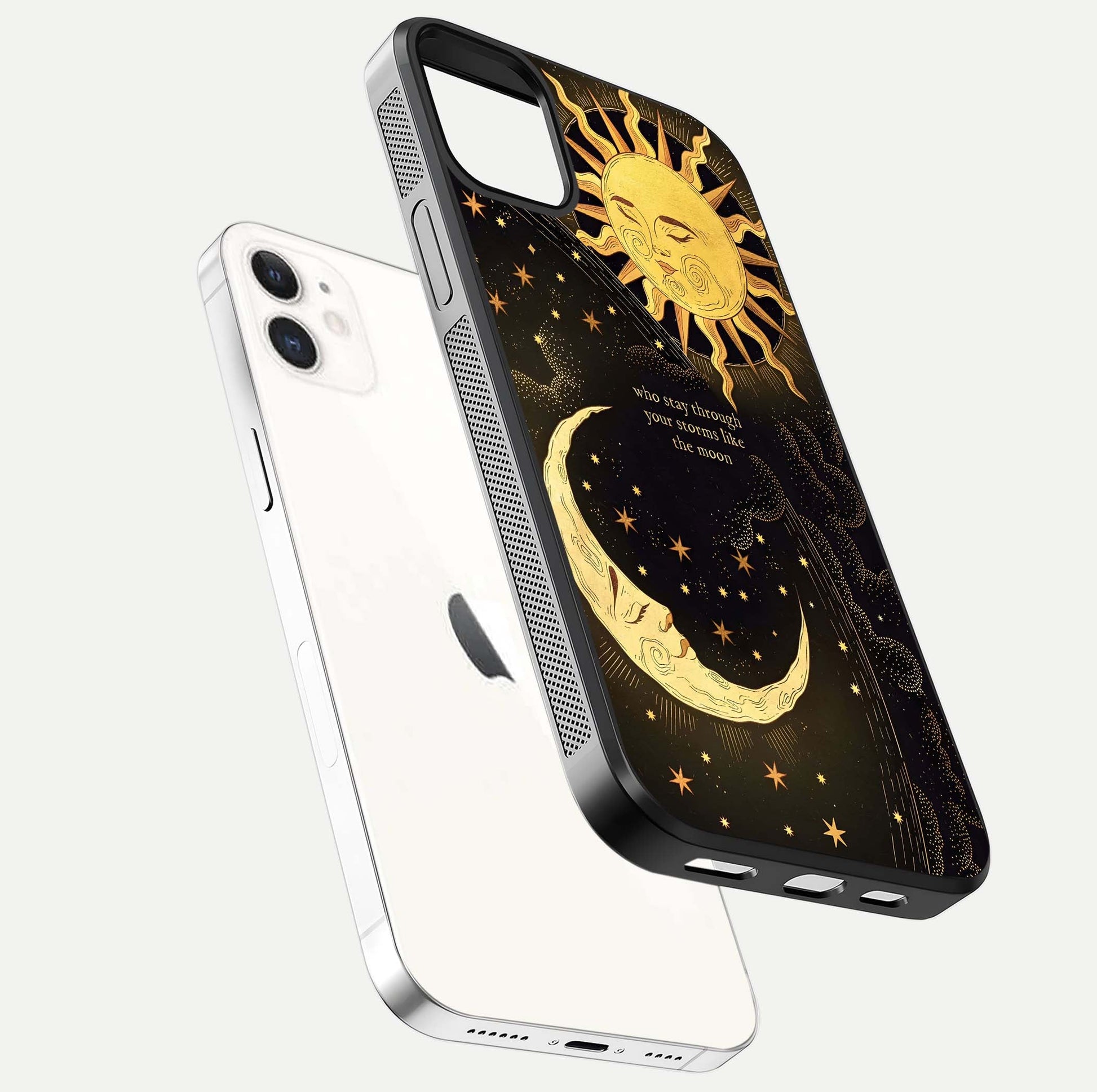 Golden Lunar Love Glass Case for iPhone 12 Mini floating dual-view mockup showing glossy glow and romantic theme