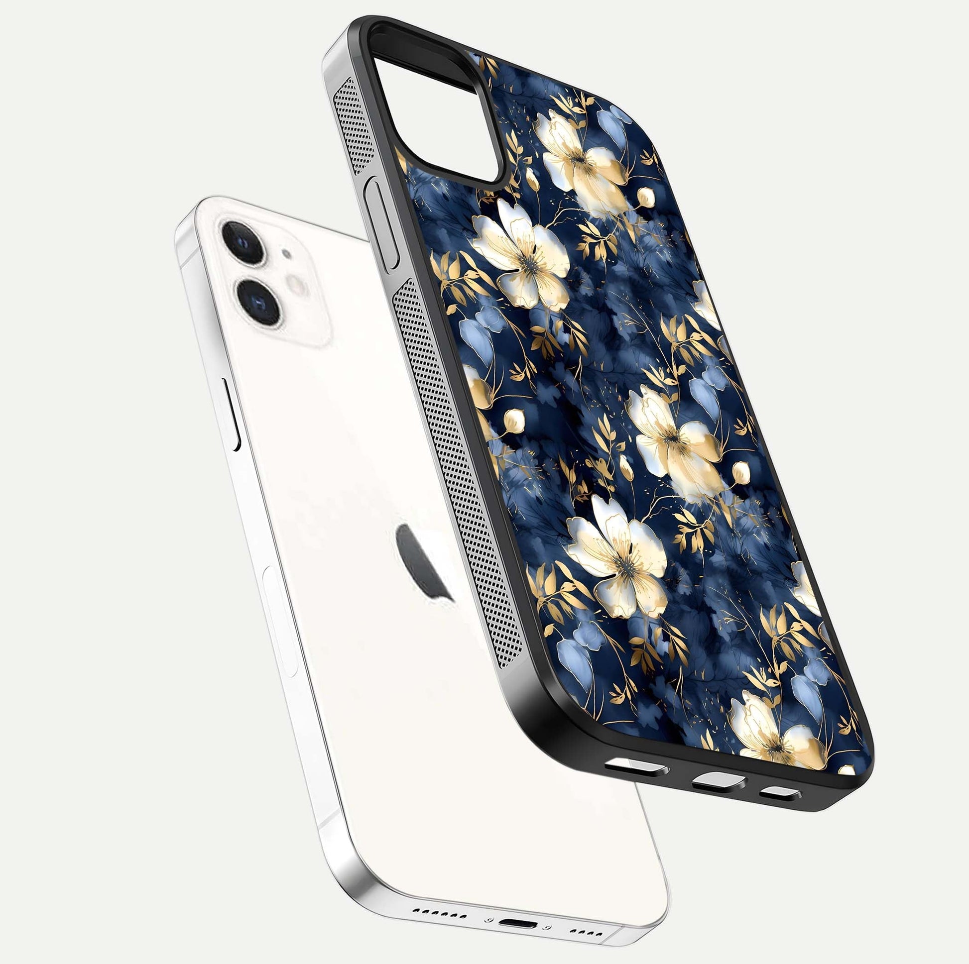 Golden Midnight Bloom Glass Case for iPhone 12 Mini floating dual-view mockup showing gloss polish and metallic reflection