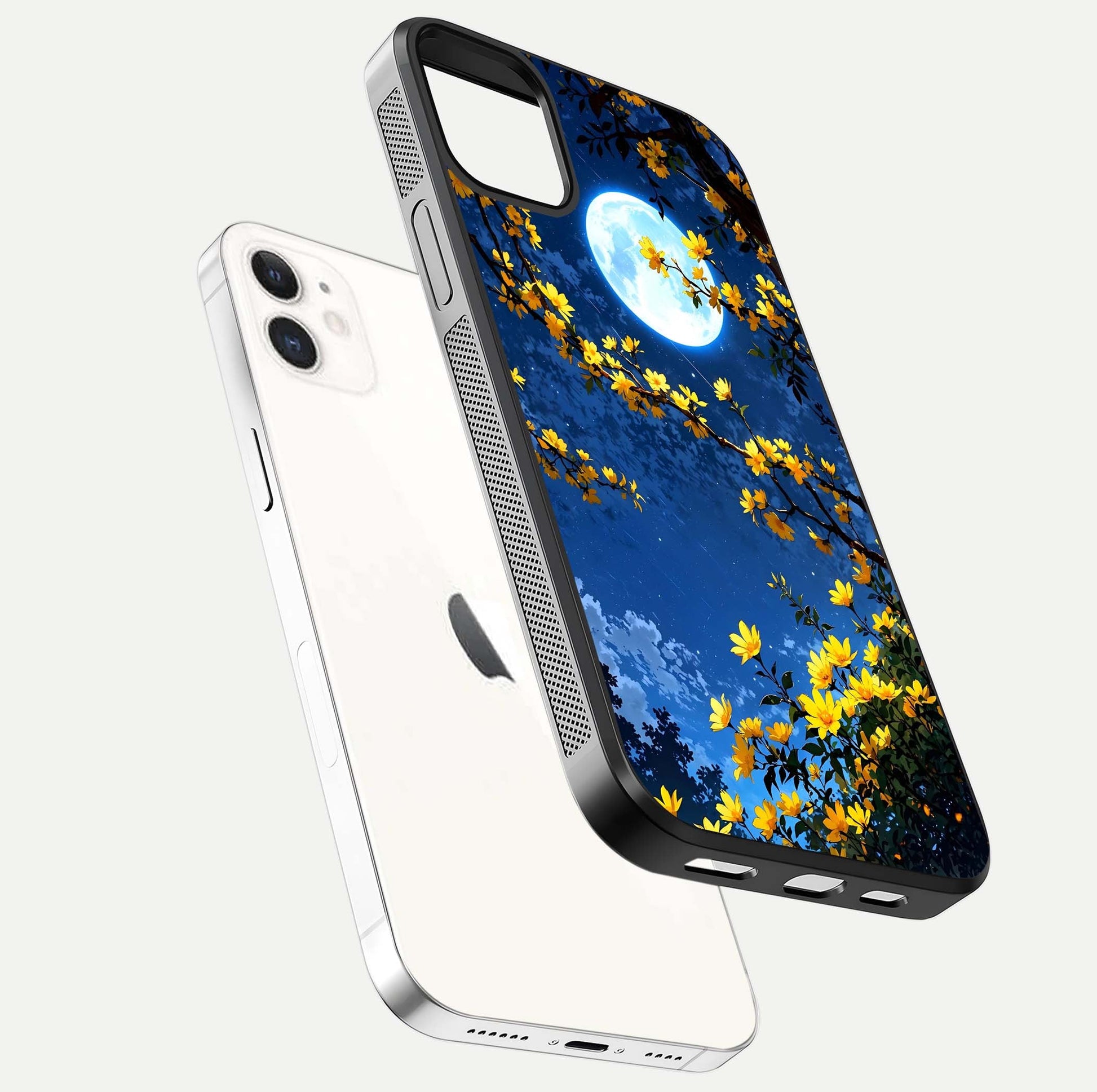 Golden Night Glow Glass Case for iPhone 12 Mini floating dual-view mockup showing gloss polish and luxury shine