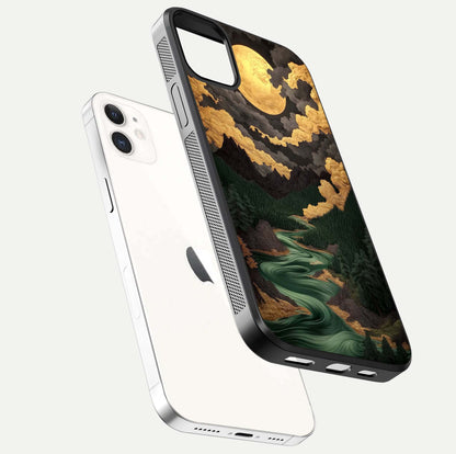 Golden River Moon Glass Case for iPhone 12 Mini floating dual-view mockup showing gloss surface and luxury tone