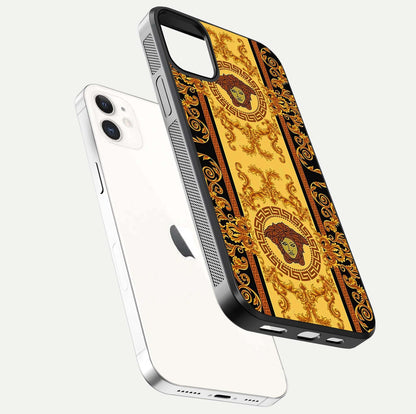 Golden Royal Heritage Glass Case for iPhone 12 Mini floating dual-view mockup showing glossy surface and rich regal tone