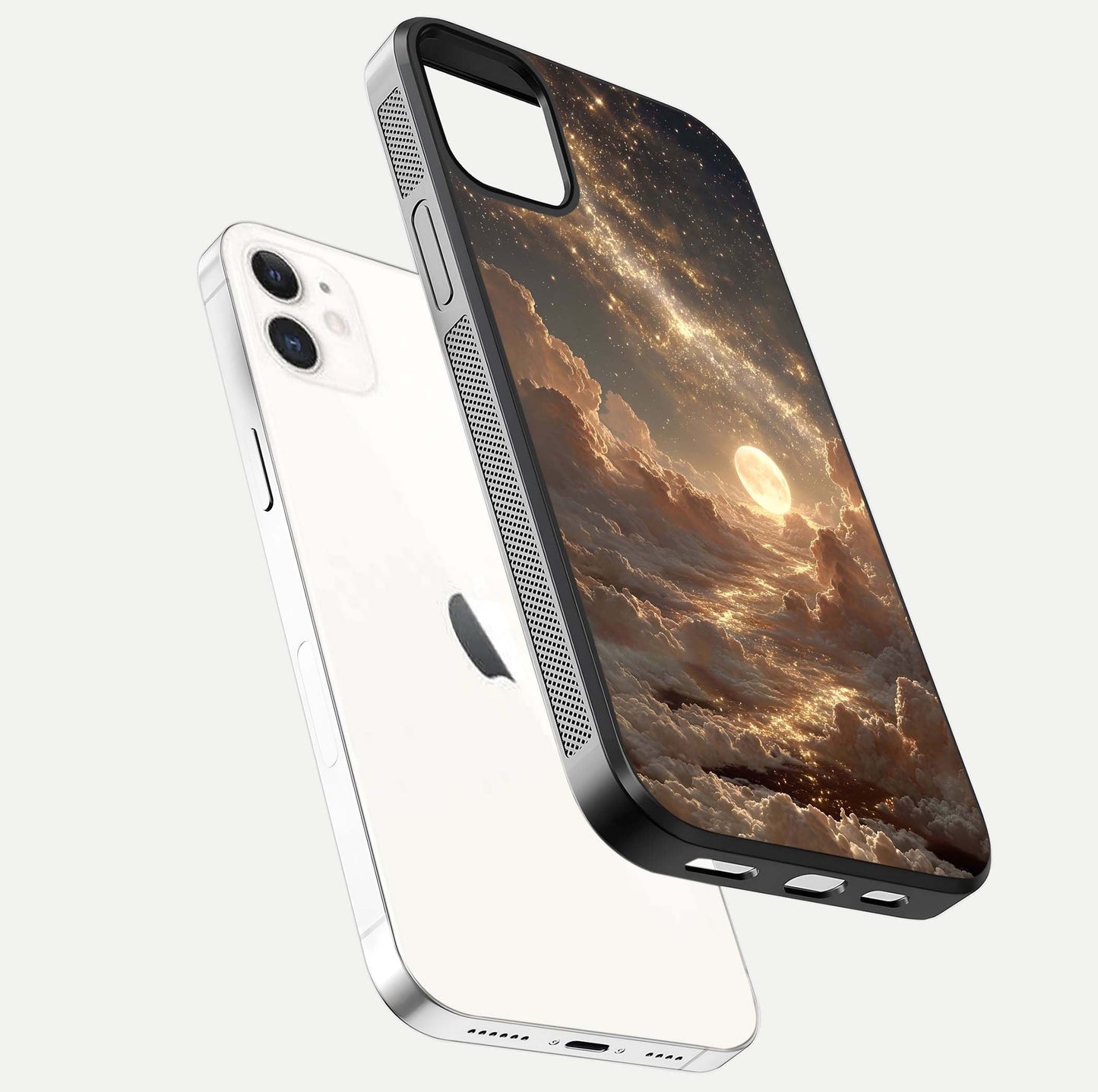 Golden Sky Dream Glass Case for iPhone 12 Mini floating dual-view mockup showing gloss depth and elegant finish