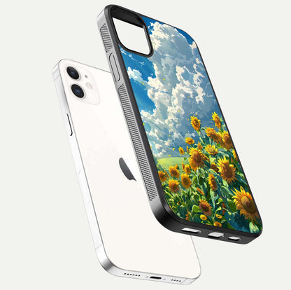 Golden Sun Glory Glass Case for iPhone 12 Mini floating dual-view mockup showing gloss shine and premium surface