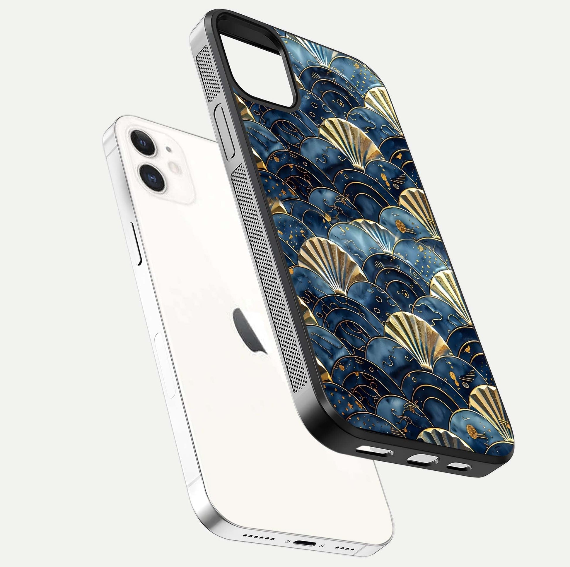 Golden Wave Luxe Glass Case for iPhone 12 Mini floating dual-view mockup showing gloss surface and shimmering tones