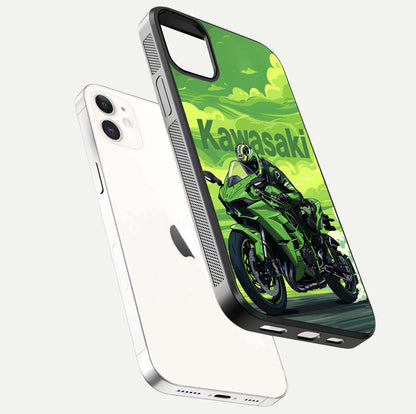 Green Kawasaki Glass Case for iPhone 12 Mini floating dual-view mockup showing gloss surface and power-bike theme
