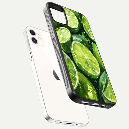 Green Lemon Glass Case for iPhone 12 Mini floating dual-view mockup showing glossy surface and fruity freshness