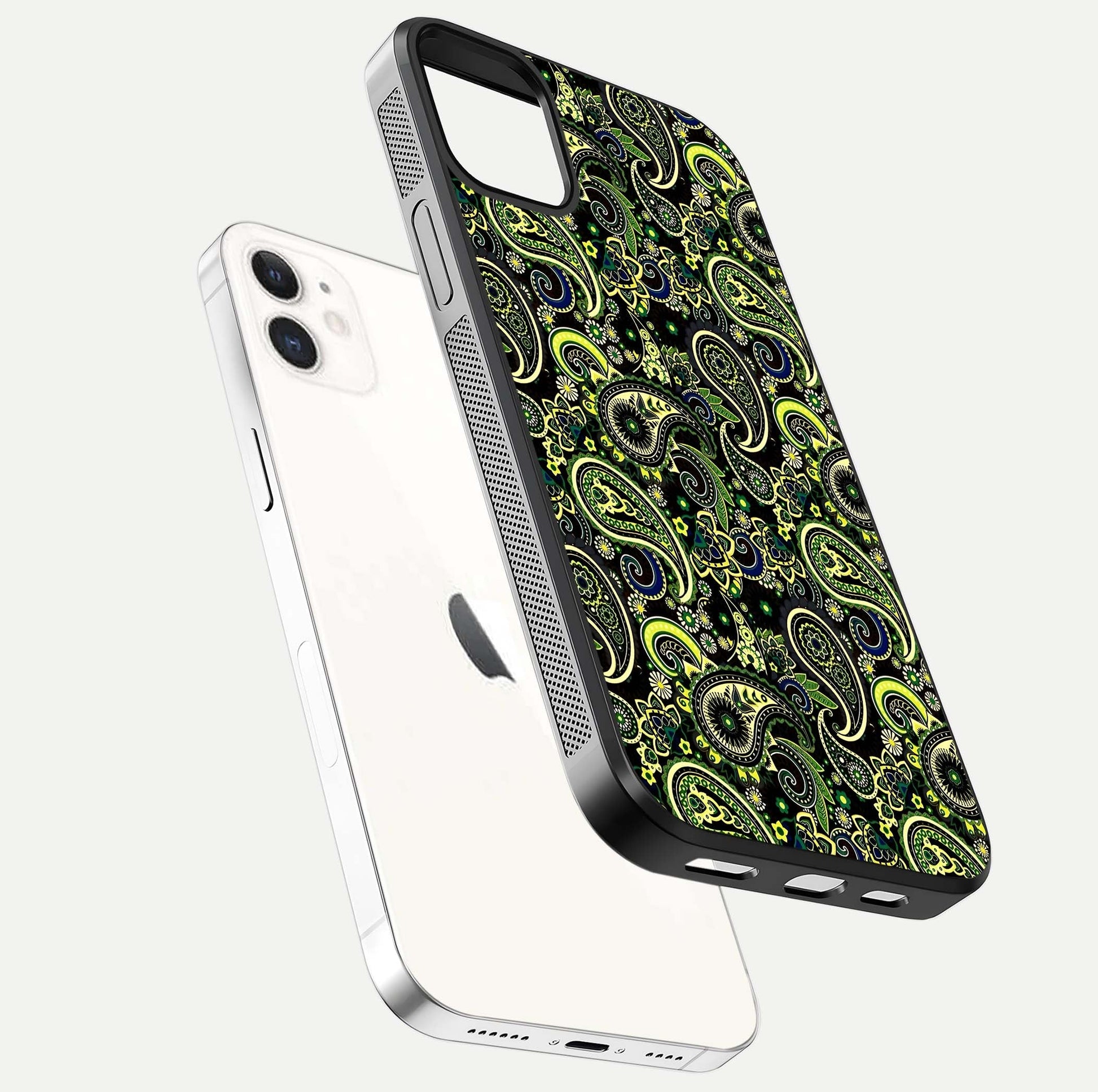 Green Mandala Pattern Glass Case for iPhone 12 Mini floating dual-view mockup showing gloss texture and symmetry shine