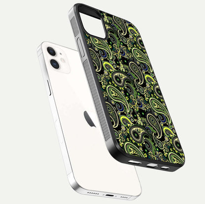 Green Mandala Pattern Glass Case for iPhone 12 Mini floating dual-view mockup showing gloss texture and symmetry shine