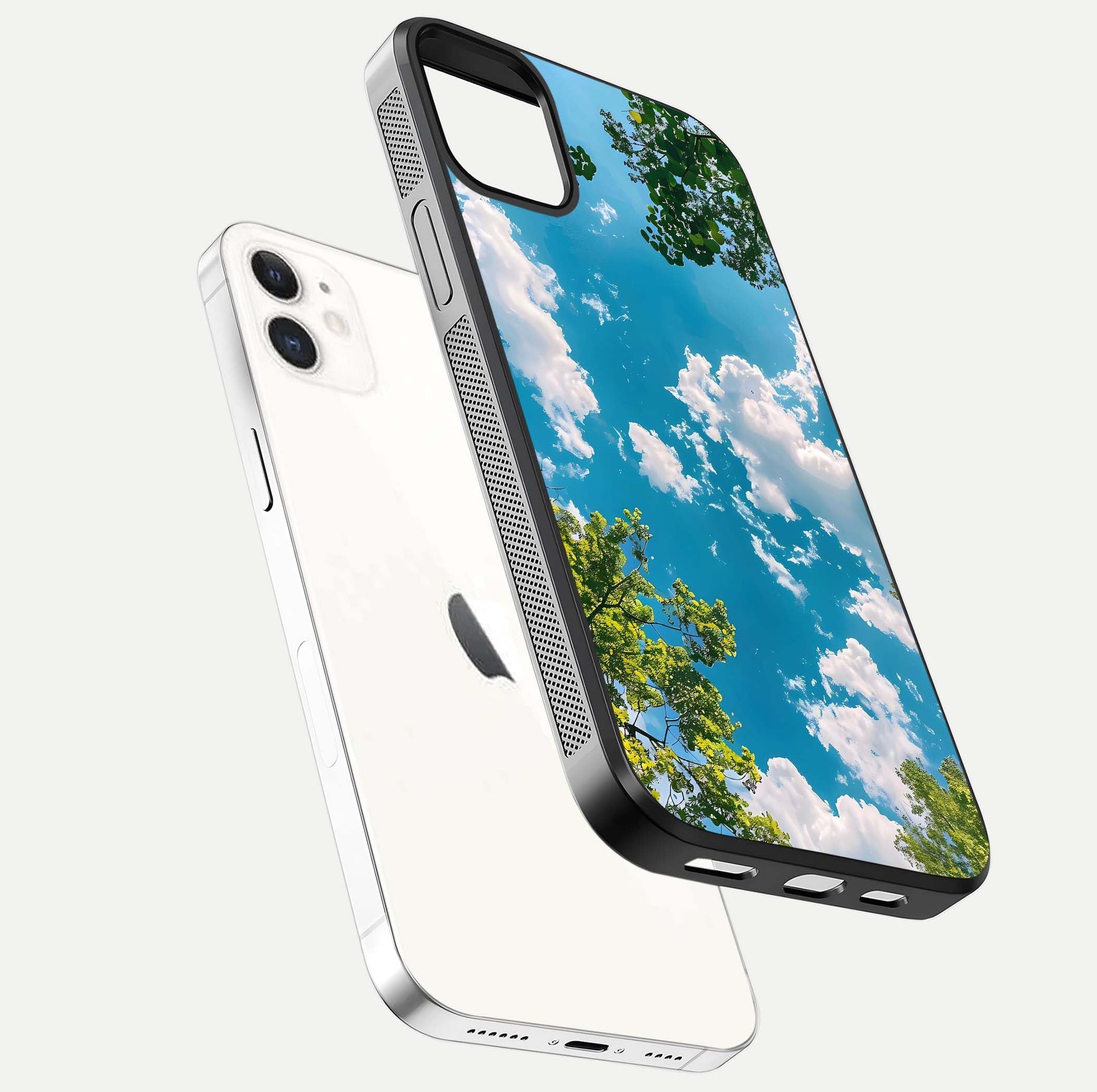 Greenery Sky Glass Case for iPhone 12 Mini floating dual-view mockup showing glossy shine and soft natural tones