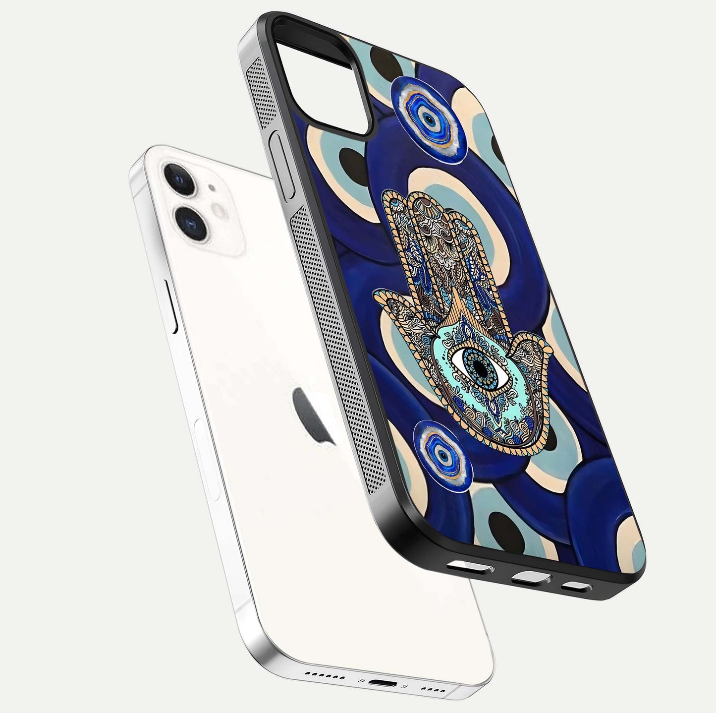 Hamsa Divine Guard Glass Case for iPhone 12 Mini floating dual-view mockup showing gloss shine and mystical pattern