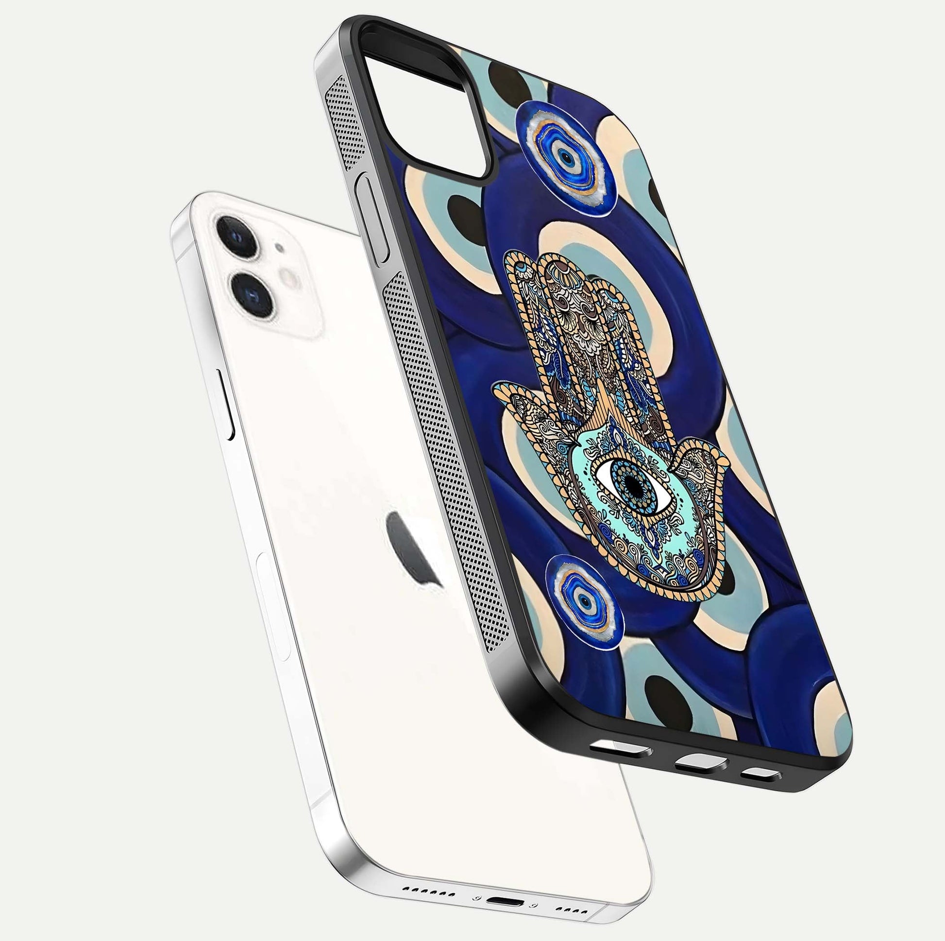 Hamsa Divine Guard Glass Case for iPhone 12 Mini floating dual-view mockup showing gloss shine and mystical pattern