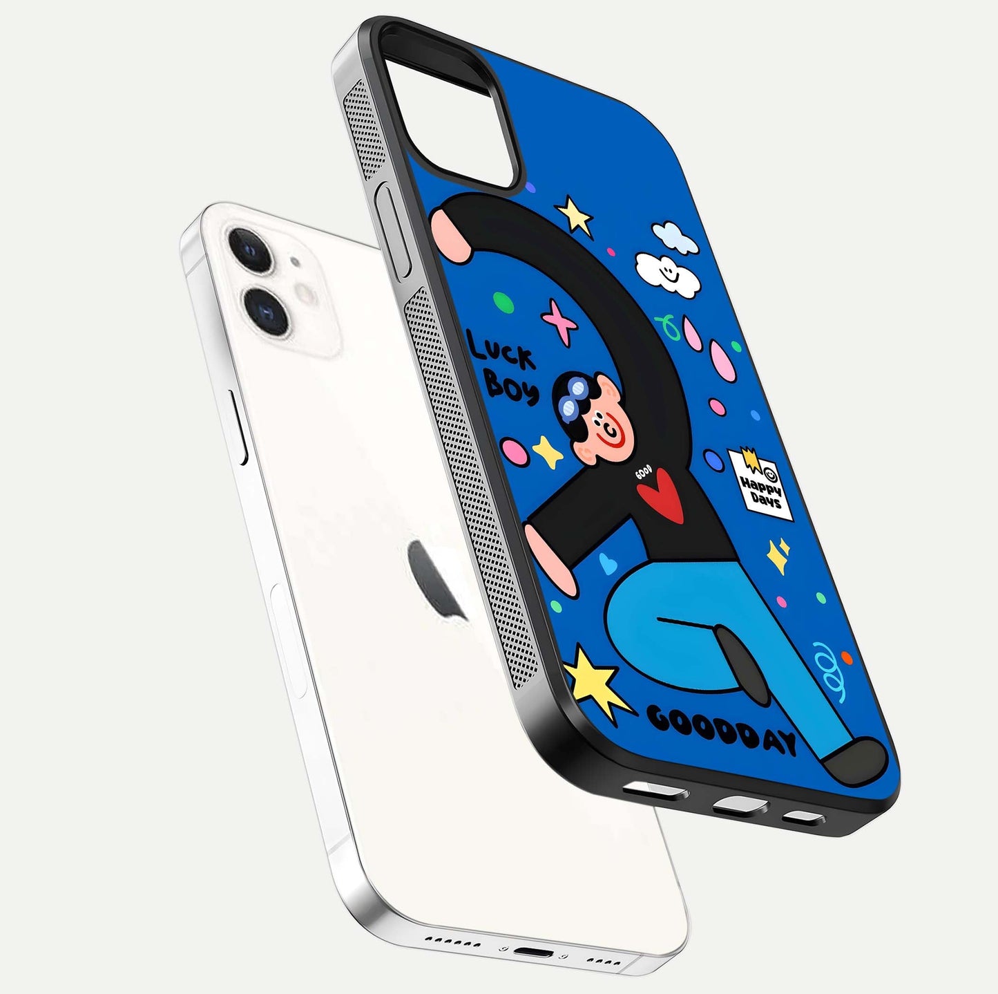 Happy Luck Vibe Glass Case for iPhone 12 Mini floating dual-view mockup showing glossy tone and bright finish